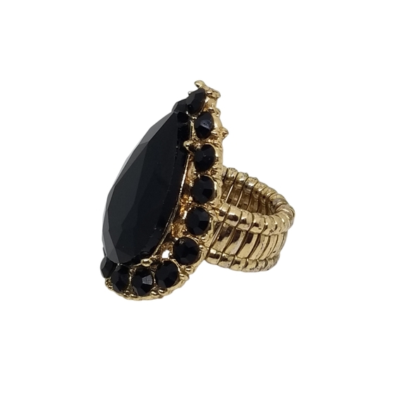 VINTAGE GOLDTONE WITH BLACK GLASS RHINESTONES STRETCH COCKTAIL RING - Picture 4 of 6